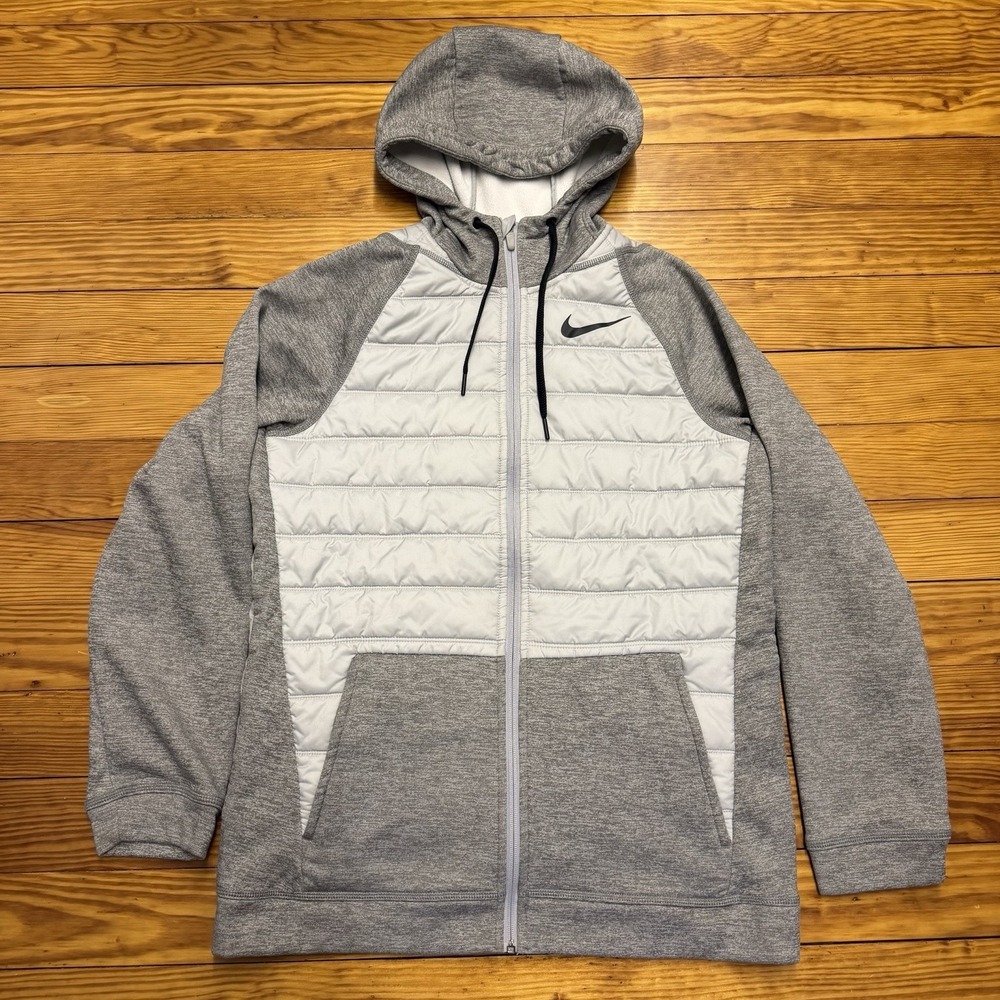 Nike‎ Therma Fit Men's Gray Full Zip Hoodie Jacket Medium Lightweight Puffer